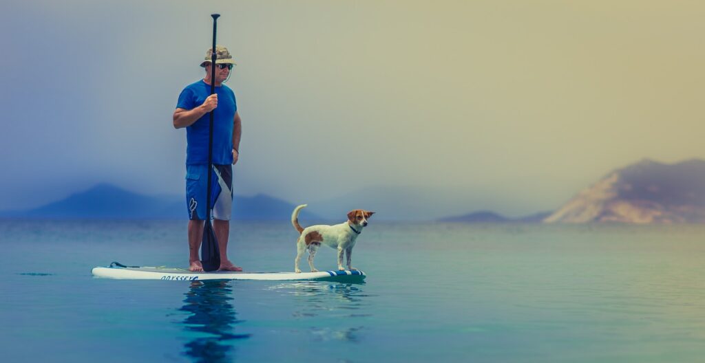 homme et chien sur paddle board planche sur l'eau